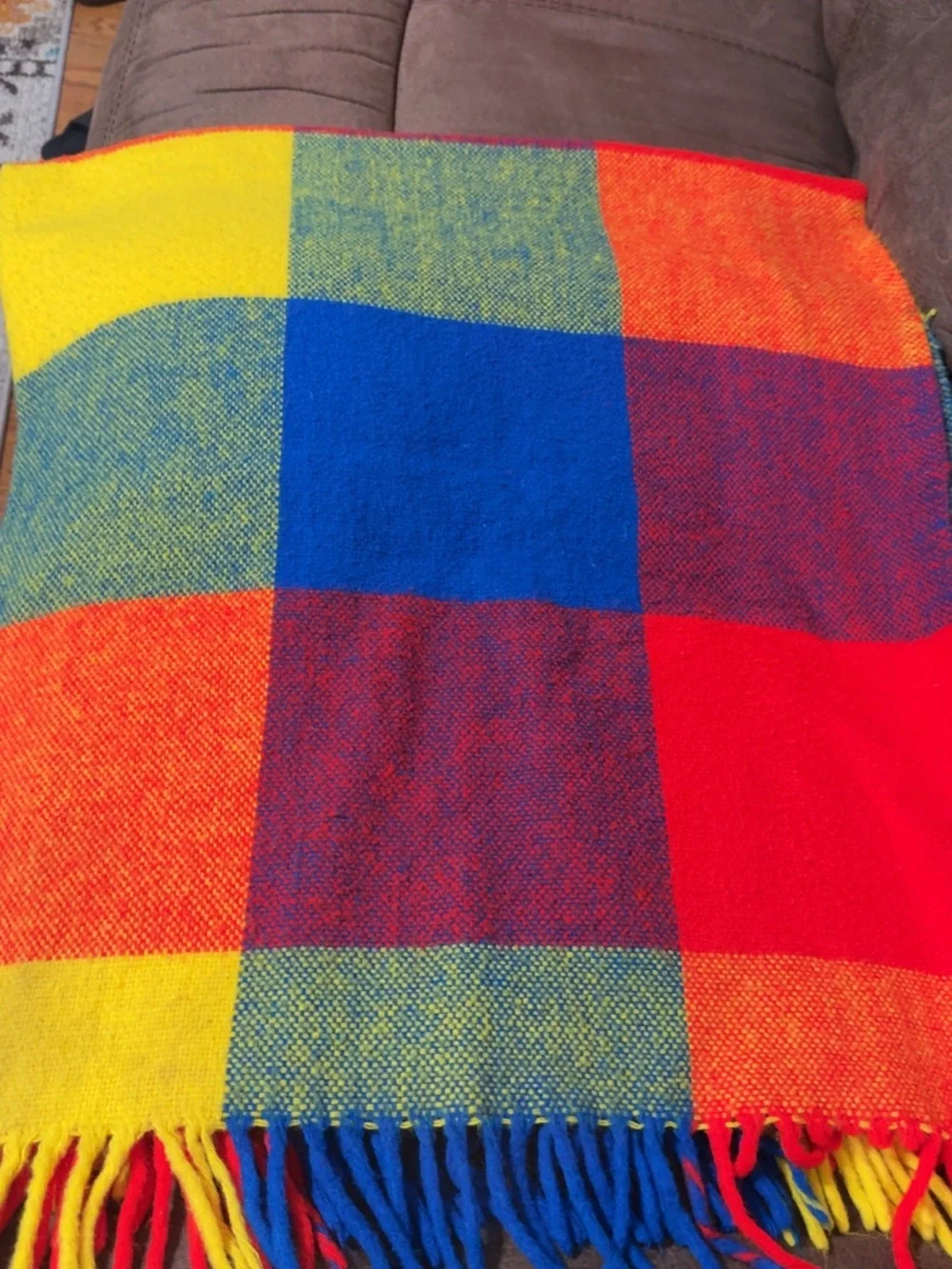 Rainbow Checkered Fringe Wool Blanket